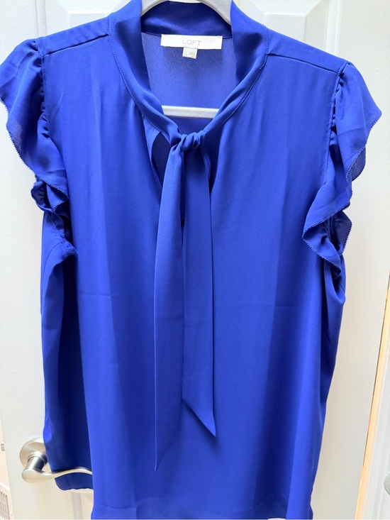 LOFT Tops - LOFT Cobalt Blue Tie-Neck Ruffle Sleeve Blouse